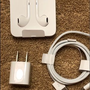cable, charger and ear buds